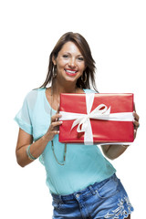 Happy Woman Holding Red Gift Box