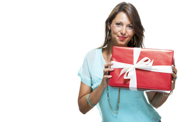 Fototapeta premium Happy Woman Holding Red Gift Box