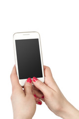 Woman showing white smartphone in hand. Isolated background