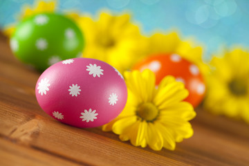 Colored Easter eggs and flowers on blue background
