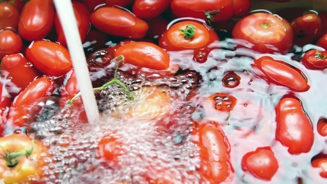 Washing fresh tomatoes under tap water from kitchen sink