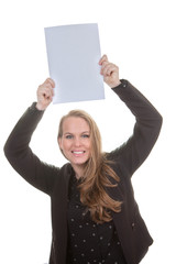 Naklejka premium happy woman holding blank paper