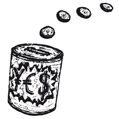 Hand drawn money-box with coins