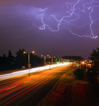 Thunderstorm Lightning Srikes Over Tacoma Washington I-5 Highway