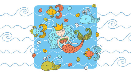 Cartoon background with mermaid and marine inhabitants