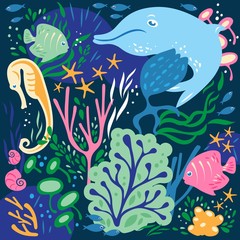The bottom of the sea with dolphins - 79406108