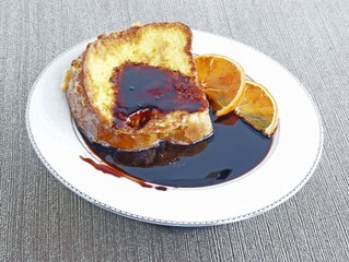 French toast with eggs and cherry juice