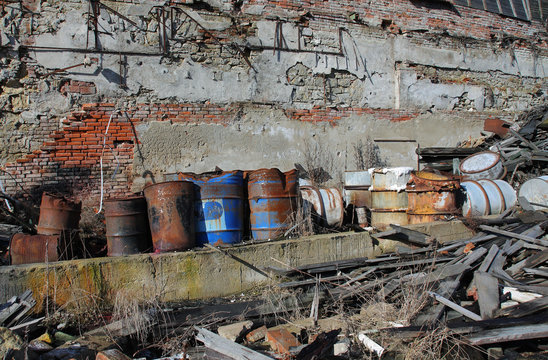 Group of barrels with toxic waste