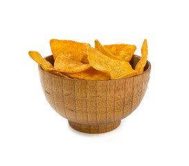 tortilla chips in a wooden bowl isolated on white