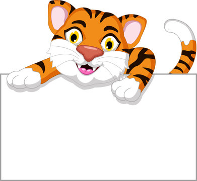 Cute tiger cartoon holding blank sign