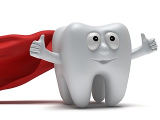 Cute healthy superhero tooth with hands shows thumbs up