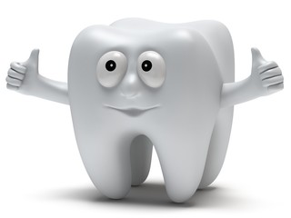 Cute healthy tooth with hands shows thumbs up