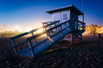 A lifeguard tower on the beach at night, in Santa Monica, Califo