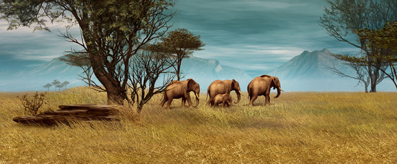 African Elephants, 3d CG - obrazy, fototapety, plakaty