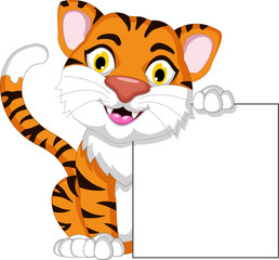 Cute tiger cartoon holding blank sign