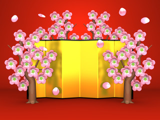 Cherry Blossoms And Gilt Folding Screen On Red