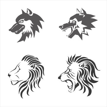 Wolf and lion heads stylized. Vector illustration.