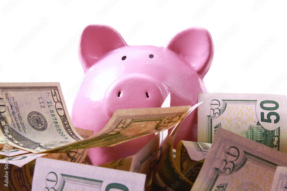 Wall mural piggy bank standing on dollars