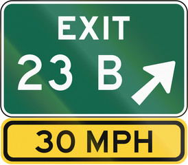 United States MUTCD sign assembly with exit sign and speed limit