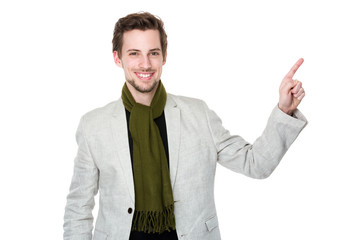 Caucasian man with finger point up