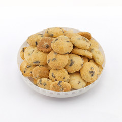 Mini chocolate chip cookies isolated on white background