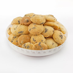 Mini chocolate chip cookies isolated on white background