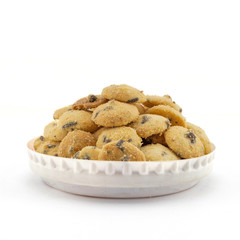 Mini chocolate chip cookies isolated on white background