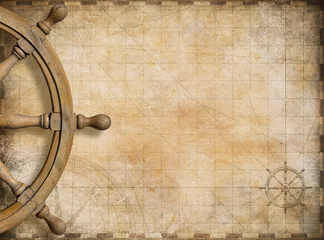 Printed kitchen splashbacks Schip steering wheel and blank vintage nautical map background