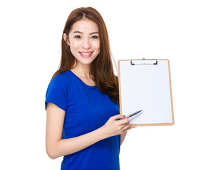 Asian woman pen point to clipboard