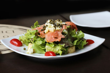 close up macro raw salmon salad
