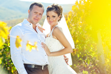 Groom and bride are walking in a yellow field