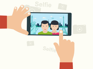 Fototapeta premium Selfie Photo on Smart Phone Сoncept on White Background. Young