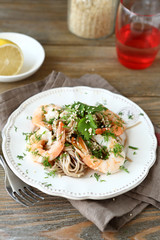 Buckwheat noodles with shrimp and cilantro