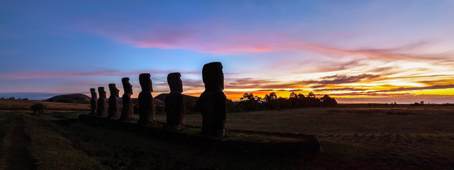 Ahu Akivi at sunset, Easter island (Rapa Naui), Chile