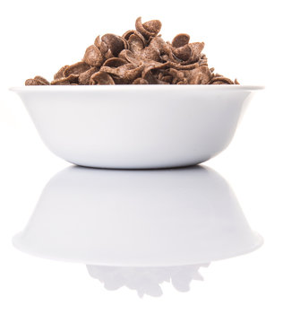 Crunchy Chocolate Breakfast Cereal In White Bowl 