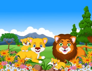 lion cartoon family in the jungle