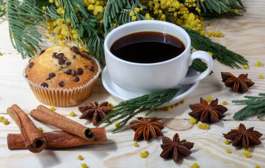 Obraz na płótnie Canvas romance Breakfast Coffee cup, cinnamon, anise and cake