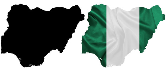 Nigeria - Waving national flag on map contour with silk texture - obrazy, fototapety, plakaty