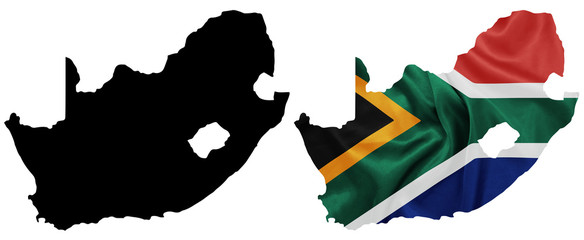 South Africa National flag on map contour with silk texture