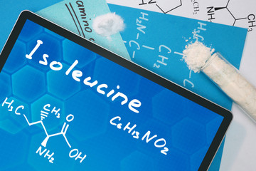 Tablet with the chemical formula of  Isoleucine. Amino acids.