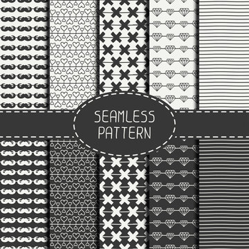 Set of monochrome hipster fashion geometric seamless pattern