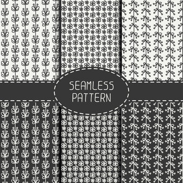 Set of monochrome floral seamless pattern with flowers