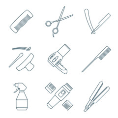 vector hairdresser equipment dark grey color outline icons set