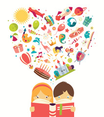 Imagination concept, boy and girl reading a book objects flying