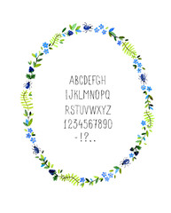 Watercolor floral frame with alphabet. Vector illustration