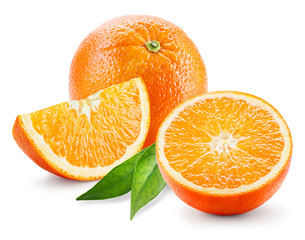 Orange. Whole, half and slice of fruit with leaves isolated on w