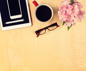 Office table with digital tablet, smartphone, View from above