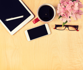 Office table with digital tablet, smartphone, View from above
