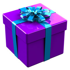 Purple gift box tied blue ribbon with a bow