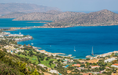Fototapeta na wymiar Beautiful seascape with mountains, Elounda, Crete, Greece